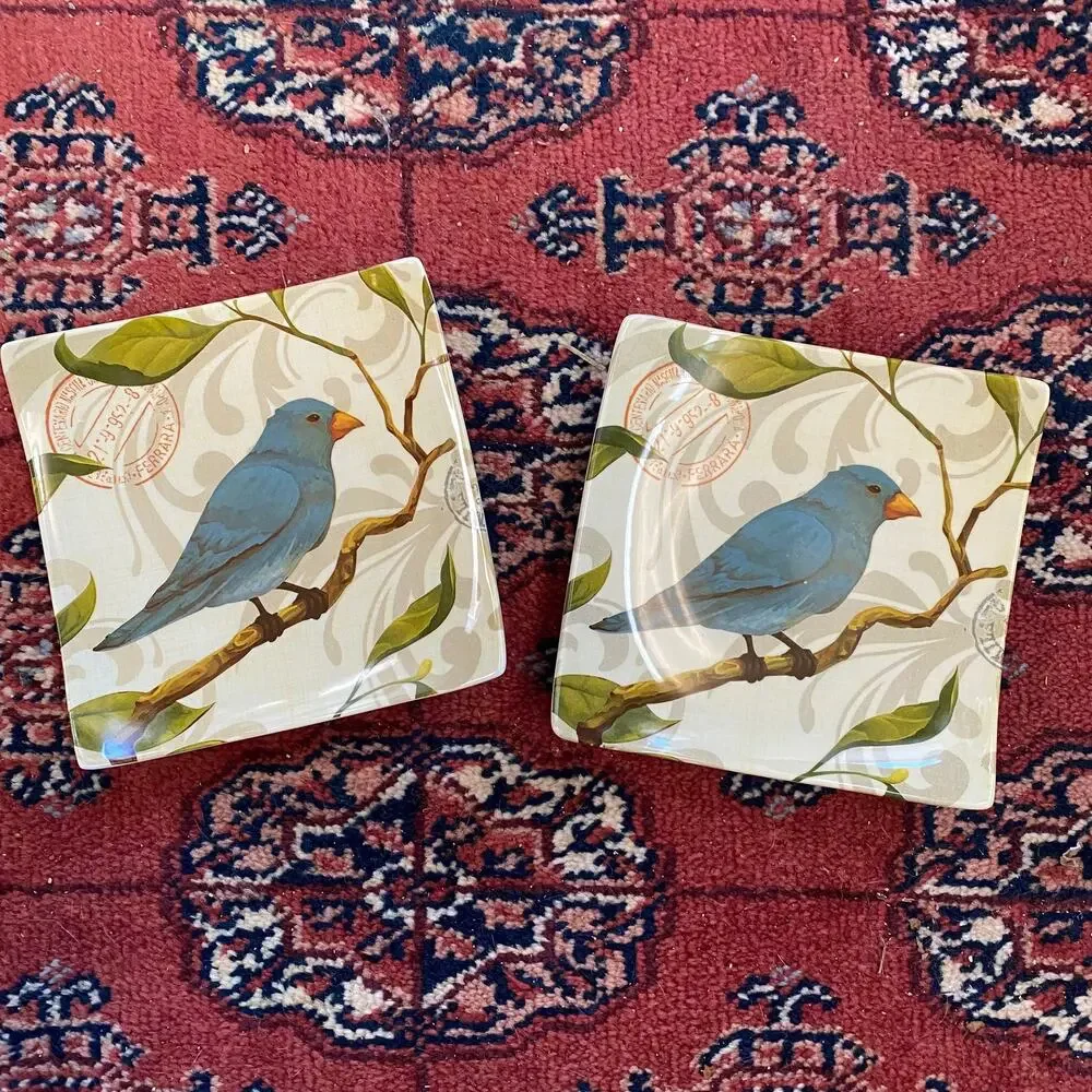 Cypress Home Pair of Cute Appetizer/Dessert‎ Plates Blue Birds, Curved Corners